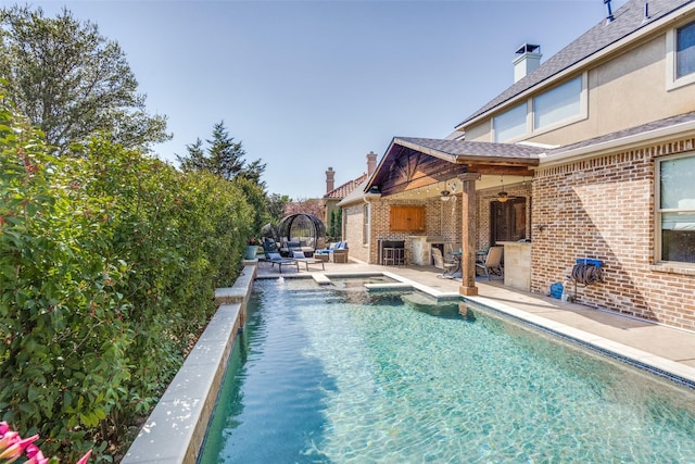 2890 Creekwood Ln, Prosper, TX 75078 - view of swimming pool featuring a ceiling fan, a patio, a bar, and a pool with connected hot tub