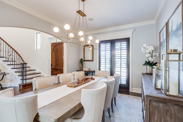 2890 Creekwood Ln, Prosper, TX 75078 - dining area featuring stairway, crown molding, a chandelier, and arched walkways