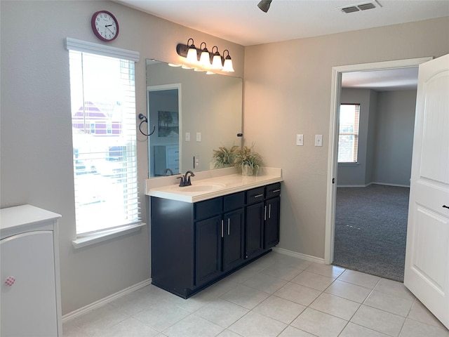 9140 Blackstone Dr, Providence Village, TX 76227 - bathroom featuring ceiling fan, vanity, visible vents, tile patterned floors, and baseboards