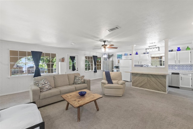 281 Harbor Dr, Gun Barrel City, TX 75156 - living area featuring light colored carpet, ceiling fan, and baseboards