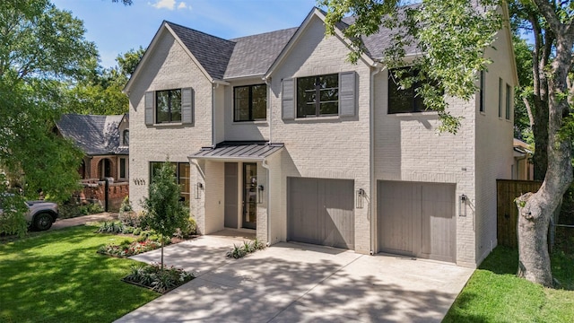 6853 Casa Loma Ave, Dallas, TX 75214 - view of front facade with concrete driveway, a garage, brick siding, a front lawn, and a standing seam roof