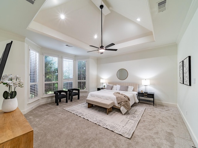 5454 Pebble Creek Dr, Celina, TX 75078 - bedroom featuring crown molding, visible vents, carpet floors, a raised ceiling, and baseboards