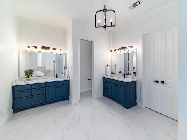 5454 Pebble Creek Dr, Celina, TX 75078 - bathroom featuring a chandelier, visible vents, a sink, and ornamental molding