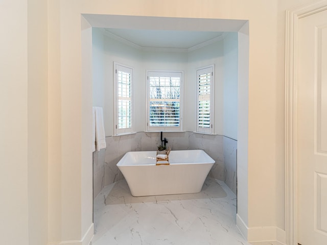 5454 Pebble Creek Dr, Celina, TX 75078 - full bath featuring a freestanding bath, marble finish floor, and ornamental molding