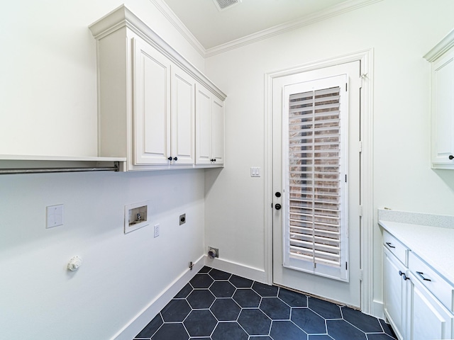 5454 Pebble Creek Dr, Celina, TX 75078 - laundry room featuring baseboards, crown molding, hookup for an electric dryer, cabinet space, and hookup for a washing machine