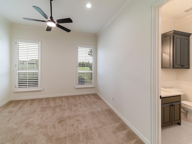 5454 Pebble Creek Dr, Celina, TX 75078 - empty room with baseboards, ornamental molding, light carpet, visible vents, and ceiling fan