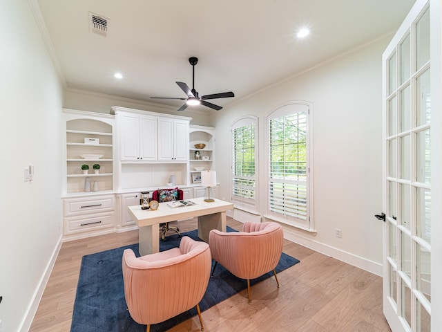 5454 Pebble Creek Dr, Celina, TX 75078 - office area with light wood-style flooring, a ceiling fan, ornamental molding, visible vents, and baseboards
