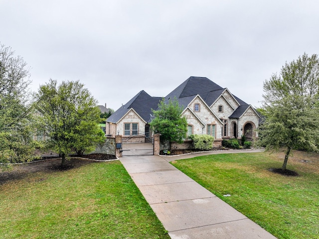 5454 Pebble Creek Dr, Celina, TX 75078 - french country home featuring stone siding, concrete driveway, brick siding, a front lawn, and a gate