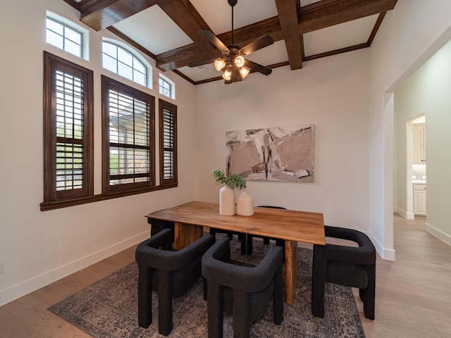5454 Pebble Creek Dr, Celina, TX 75078 - dining area with ceiling fan, coffered ceiling, light wood finished floors, baseboards, and beam ceiling
