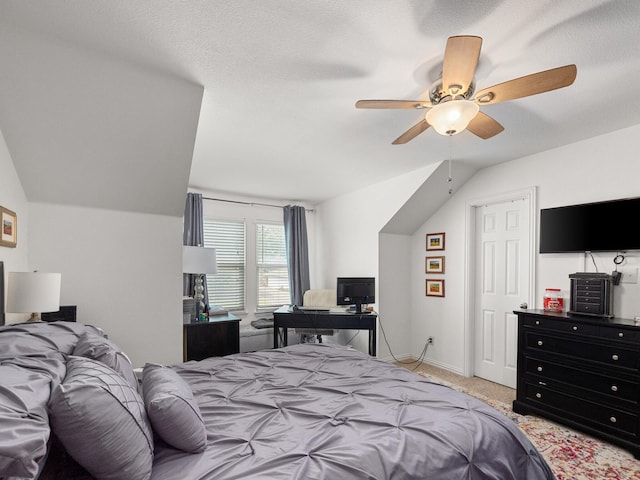 6504 Lago Vista Dr, Benbrook, TX 76132 - carpeted bedroom featuring ceiling fan, baseboards, and lofted ceiling