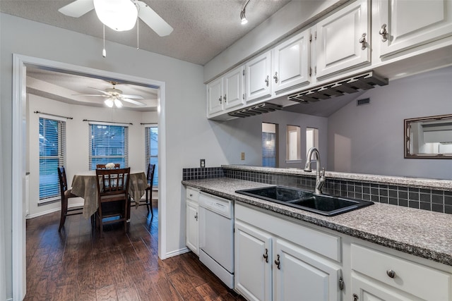6605 Bluebonnet Dr, Rowlett, TX 75089 - kitchen featuring a sink, a ceiling fan, dishwasher, dark wood-type flooring, and a textured ceiling