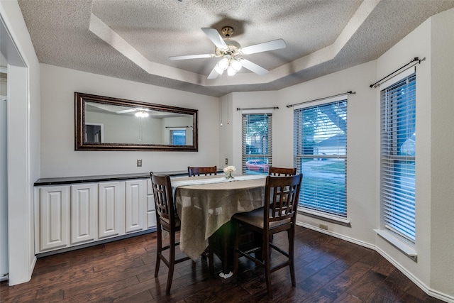 6605 Bluebonnet Dr, Rowlett, TX 75089 - dining area with a raised ceiling, a textured ceiling, dark wood-style floors, ceiling fan, and baseboards