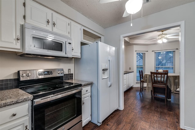 6605 Bluebonnet Dr, Rowlett, TX 75089 - kitchen featuring white appliances, ceiling fan, dark wood-type flooring, white cabinets, and a textured ceiling