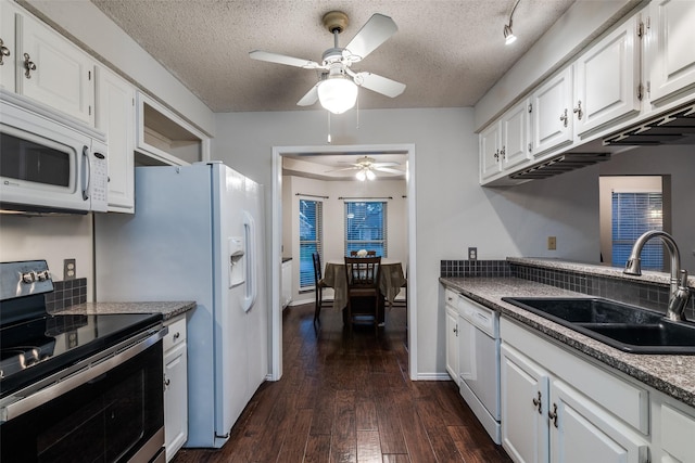 6605 Bluebonnet Dr, Rowlett, TX 75089 - kitchen with white appliances, a sink, ceiling fan, a textured ceiling, and white cabinets