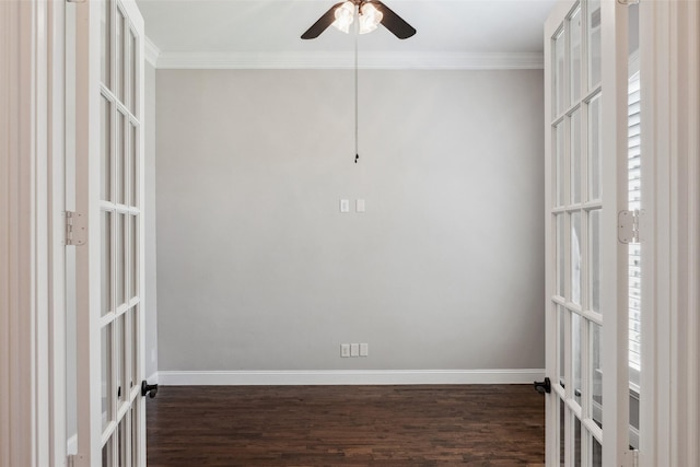 7217 Deer Field Dr, Mansfield, TX 76063 - unfurnished room with french doors, baseboards, a ceiling fan, wood finished floors, and ornamental molding