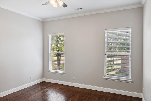 7217 Deer Field Dr, Mansfield, TX 76063 - unfurnished room featuring crown molding, ceiling fan, baseboards, dark wood-style flooring, and visible vents