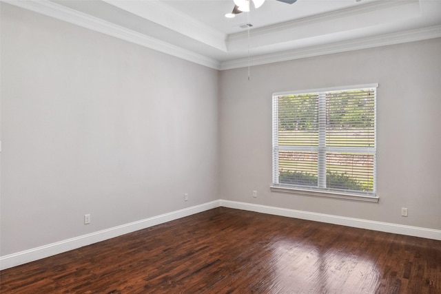 7217 Deer Field Dr, Mansfield, TX 76063 - empty room with a raised ceiling, a ceiling fan, baseboards, and dark wood-style flooring