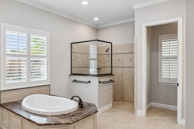 7217 Deer Field Dr, Mansfield, TX 76063 - bathroom featuring a walk in shower, baseboards, tile patterned flooring, a garden tub, and ornamental molding