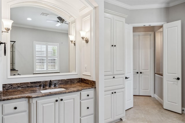 7217 Deer Field Dr, Mansfield, TX 76063 - bathroom with ceiling fan, crown molding, vanity, and visible vents