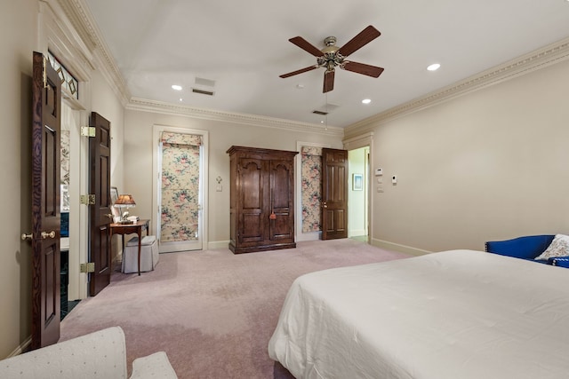 bedroom with light carpet, recessed lighting, and ornamental molding