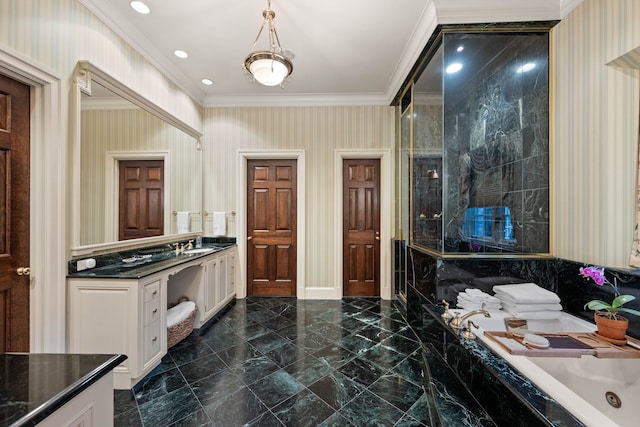 full bath featuring vanity, ornamental molding, marble finish floor, a whirlpool tub, and walk in shower