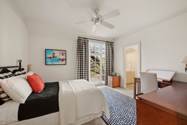 bedroom with ornamental molding, a ceiling fan, ensuite bathroom, and light carpet