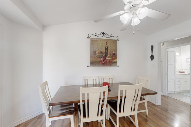 5609 Cedar Creek Dr, Kemp, TX 75143 - dining room with light wood-type flooring, a ceiling fan, and lofted ceiling