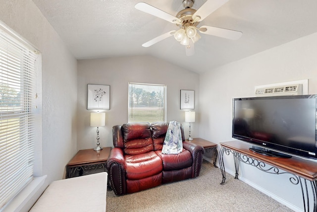 5609 Cedar Creek Dr, Kemp, TX 75143 - carpeted living room featuring a ceiling fan, lofted ceiling, and baseboards