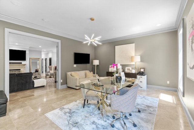 6615 Bandera Ave Unit 1A, Dallas, TX 75225 - living area featuring crown molding, recessed lighting, baseboards, and a fireplace