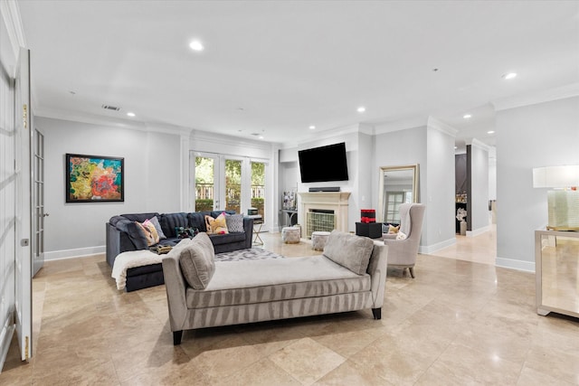 6615 Bandera Ave Unit 1A, Dallas, TX 75225 - living area featuring ornamental molding, recessed lighting, baseboards, and a fireplace