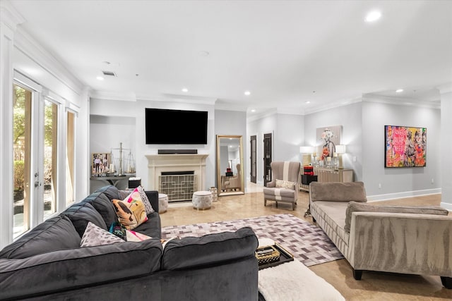 6615 Bandera Ave Unit 1A, Dallas, TX 75225 - living area featuring recessed lighting, ornamental molding, a fireplace, and baseboards