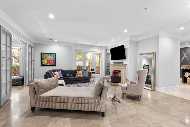 6615 Bandera Ave Unit 1A, Dallas, TX 75225 - living room featuring crown molding, a fireplace, recessed lighting, baseboards, and french doors