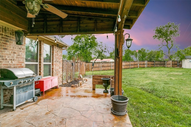 701 Ireland Way, Wylie, TX 75098 - view of patio featuring a fenced backyard, ceiling fan, area for grilling, and outdoor lounge area