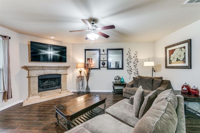 701 Ireland Way, Wylie, TX 75098 - living room featuring a ceiling fan, baseboards, wood finished floors, a high end fireplace, and visible vents