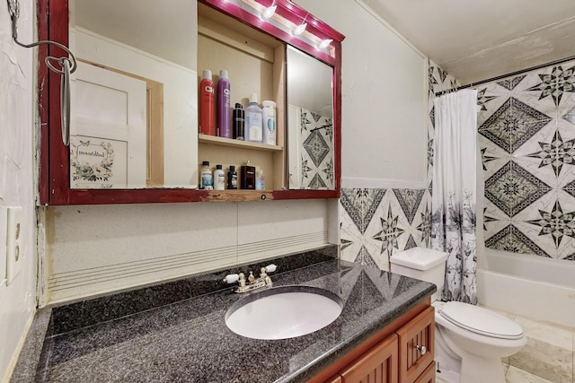 full bath with tile walls, vanity, shower / bathtub combination with curtain, and toilet