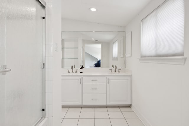 9431 Waterview Rd, Dallas, TX 75218 - full bathroom with a sink, tile patterned floors, a shower stall, and double vanity