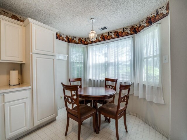 dining room with a textured ceiling, visible vents, and baseboards