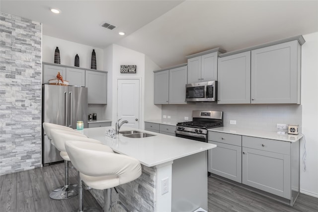 4512 Hiddenite Rd, Little Elm, TX 76227 - kitchen featuring stainless steel appliances, gray cabinetry, a sink, a kitchen island with sink, and vaulted ceiling