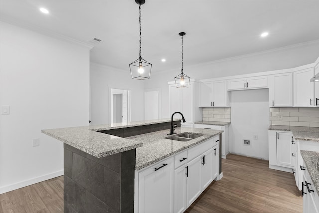 kitchen featuring backsplash, a sink, crown molding, and wood finished floors