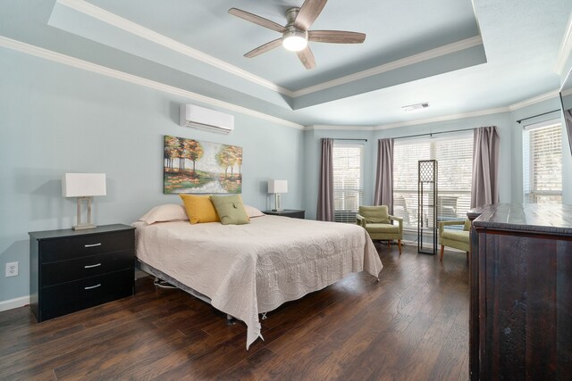 3733 Glassenberry St, Fort Worth, TX 76244 - bedroom with a tray ceiling, a wall unit AC, dark wood-style flooring, and visible vents