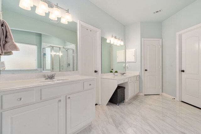 3733 Glassenberry St, Fort Worth, TX 76244 - full bathroom featuring two vanities, visible vents, marble finish floor, a sink, and a stall shower