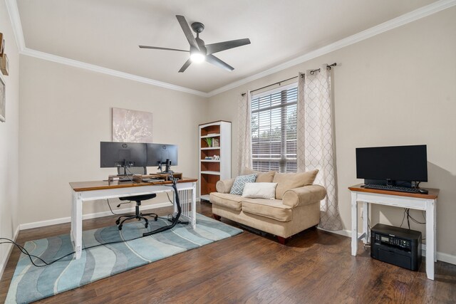 3733 Glassenberry St, Fort Worth, TX 76244 - office featuring wood finished floors, ornamental molding, baseboards, and a ceiling fan