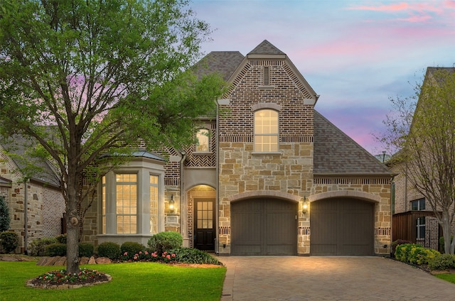 french country home featuring a yard, stone siding, a shingled roof, and decorative driveway