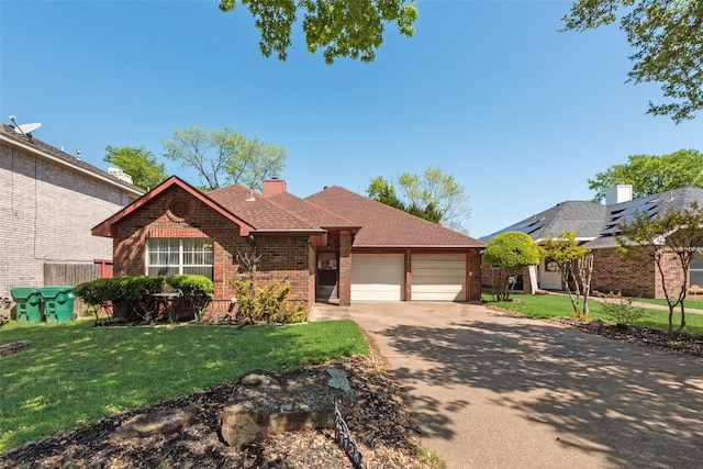 1128 Germany Dr, Cedar Hill, TX 75104 - ranch-style home with driveway, a front yard, brick siding, a garage, and a shingled roof
