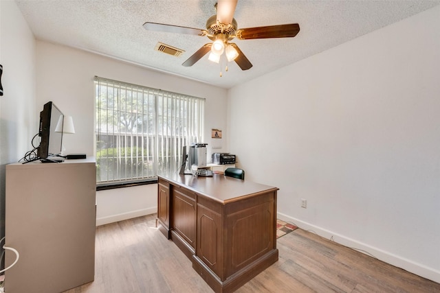 1128 Germany Dr, Cedar Hill, TX 75104 - office area featuring baseboards, a textured ceiling, visible vents, ceiling fan, and light wood finished floors