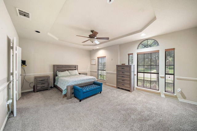 5038 W Fall Dr, Midlothian, TX 76065 - bedroom with visible vents, baseboards, a raised ceiling, carpet floors, and recessed lighting