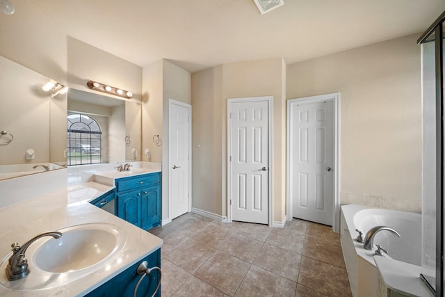 5038 W Fall Dr, Midlothian, TX 76065 - bathroom with visible vents, a bath, baseboards, vanity, and tile patterned floors