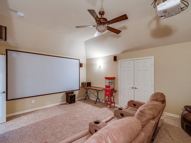 5038 W Fall Dr, Midlothian, TX 76065 - cinema room featuring carpet flooring, baseboards, vaulted ceiling, and ceiling fan