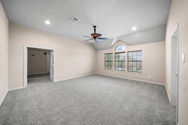5038 W Fall Dr, Midlothian, TX 76065 - spare room with a ceiling fan, visible vents, carpet floors, lofted ceiling, and baseboards