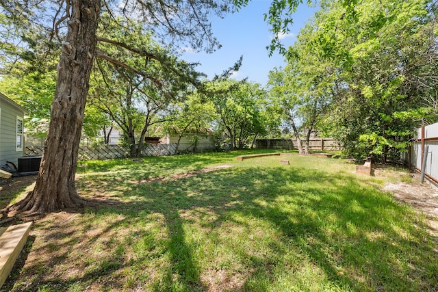 view of yard featuring a fenced backyard and central AC